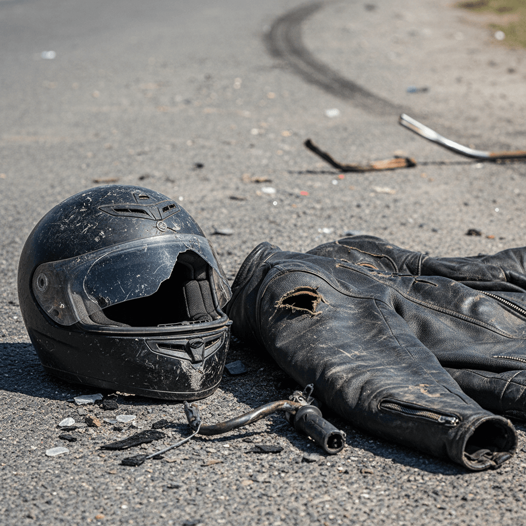 Damaged motorcycle helmet and jacket