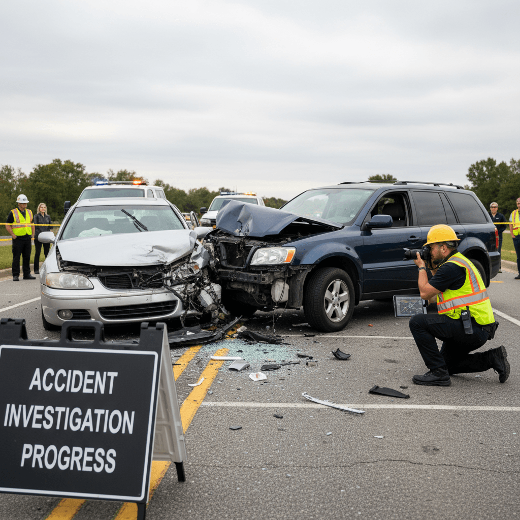 Two vehicles involved in a collision being documented by a professional on site