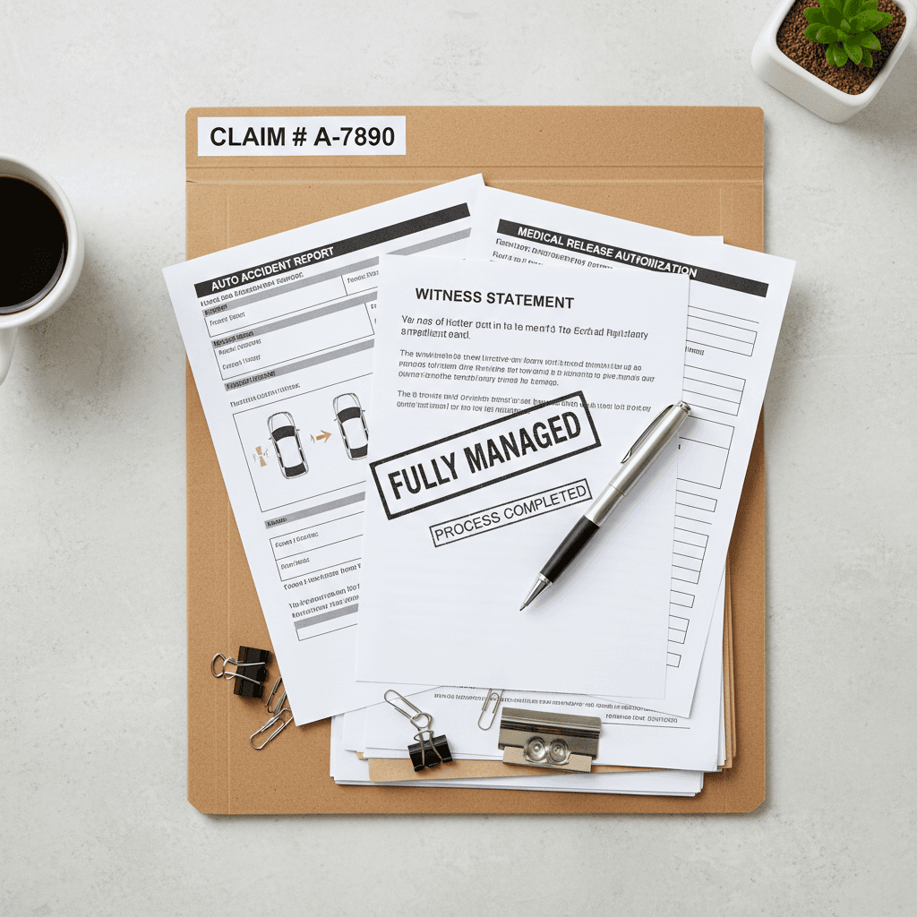 Organized car accident claim forms in a folder with a pen, representing complete and professional paperwork handling