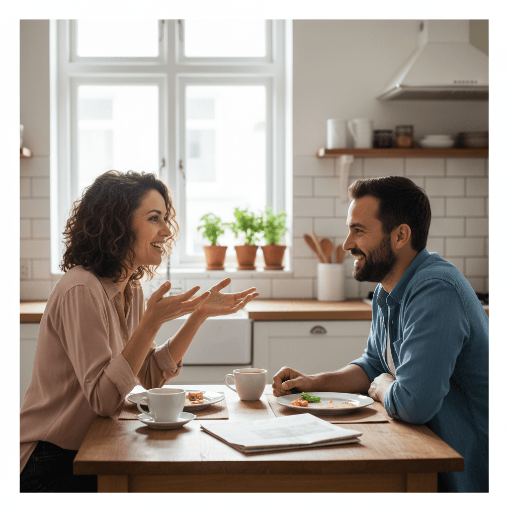 Two people having a clear conversation at a kitchen table