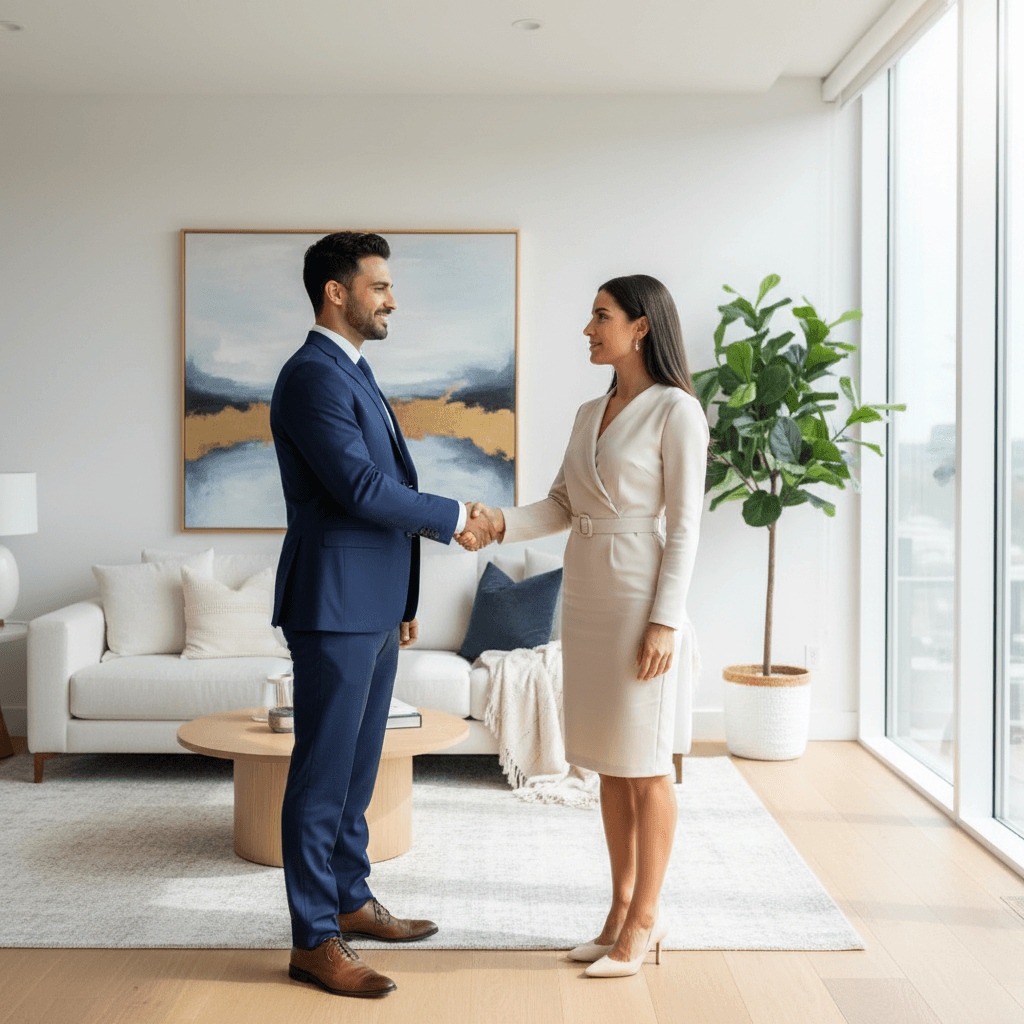 Professional handshake with a client in a bright living room setting