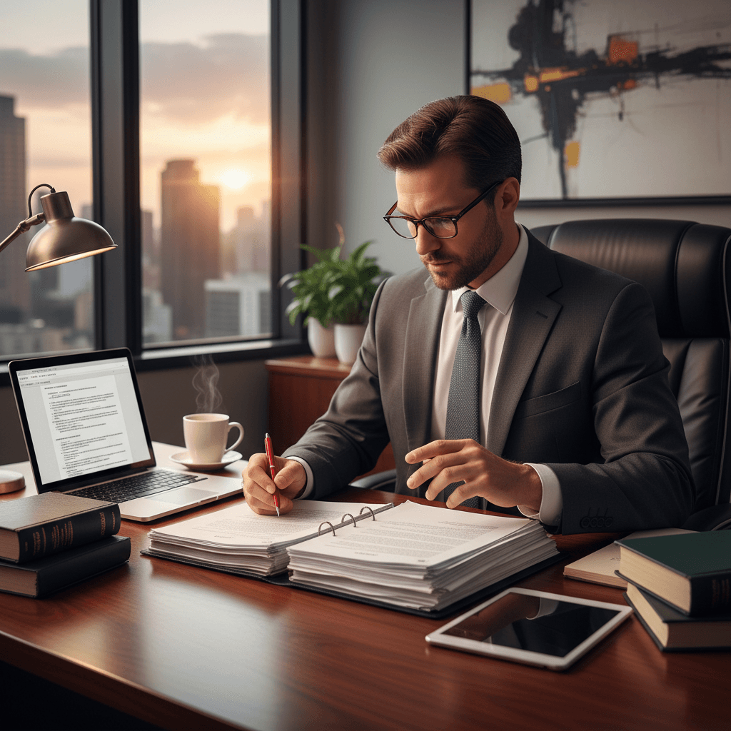 Lawyer reviewing case documents at a clean desk