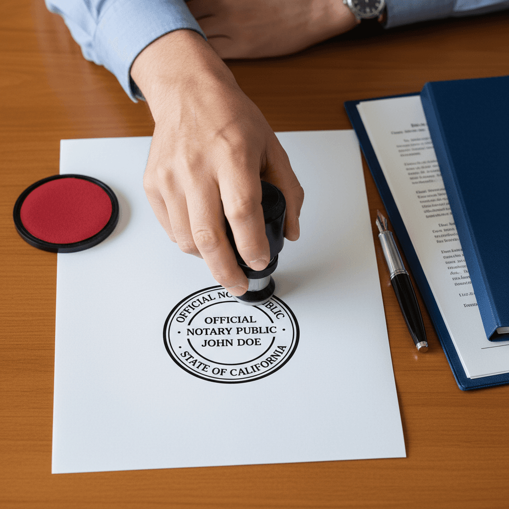 Notary stamping document on table with pen and papers nearby