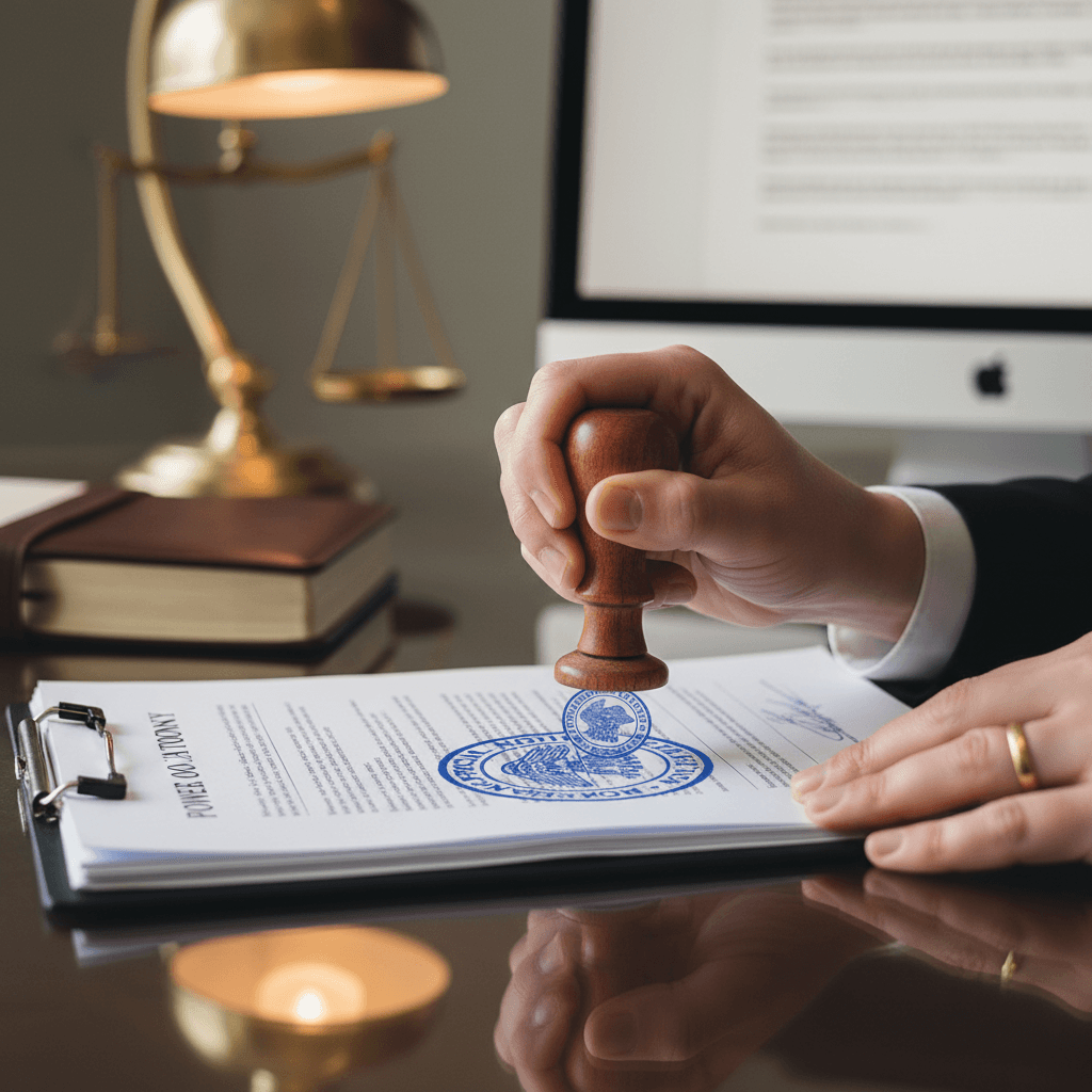 Professional notary stamping a document at an office desk