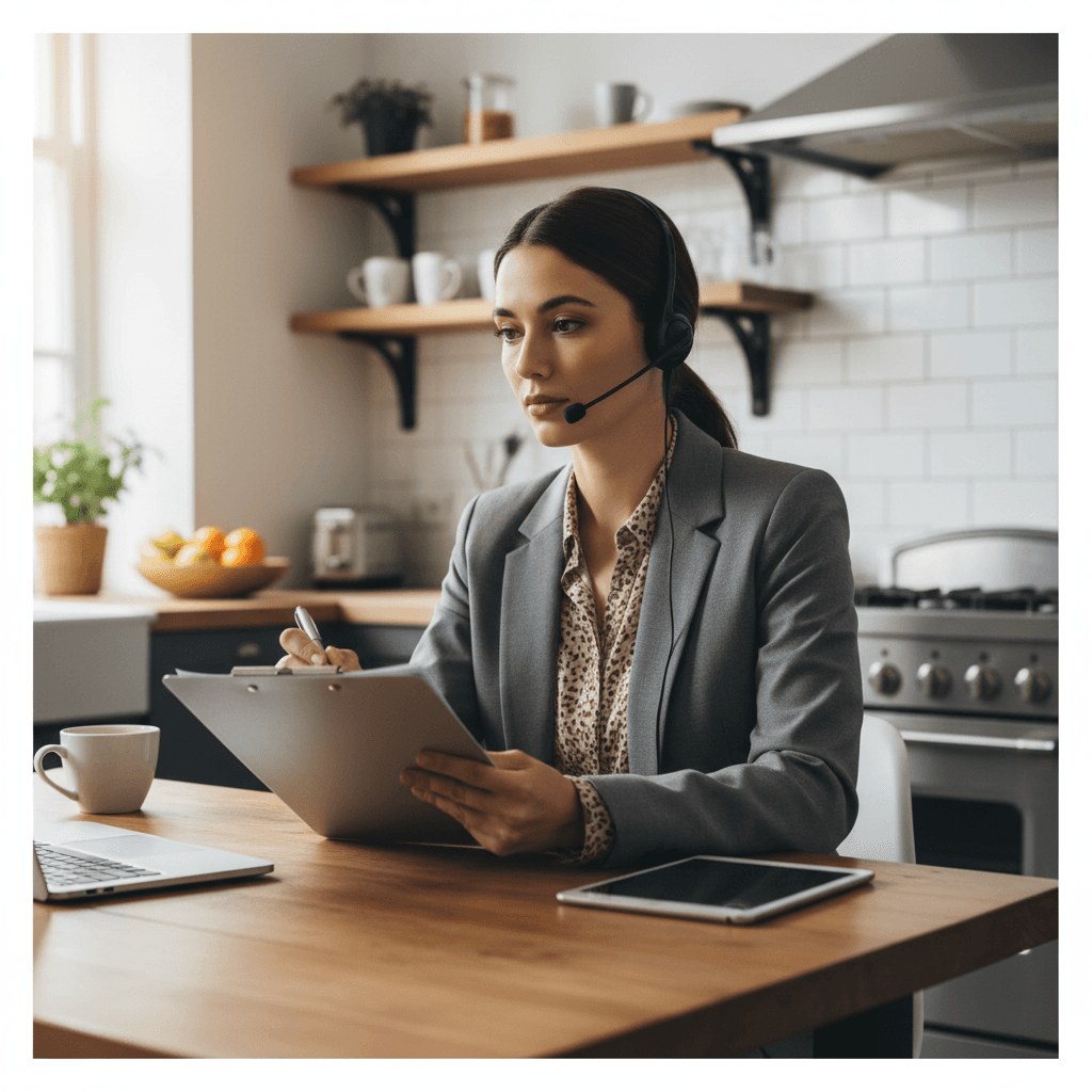 Professional with clipboard meeting a person at a home kitchen table