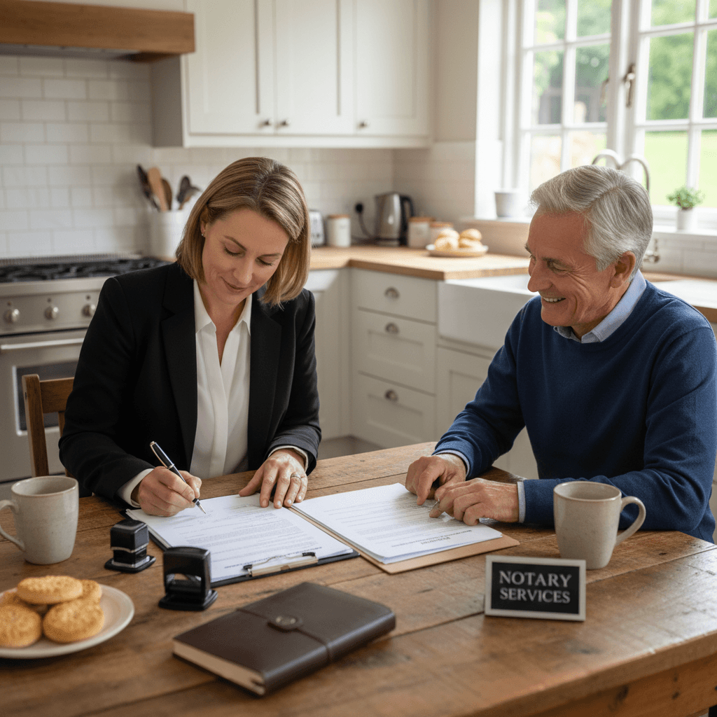 Notary signing paperwork at a client's kitchen table