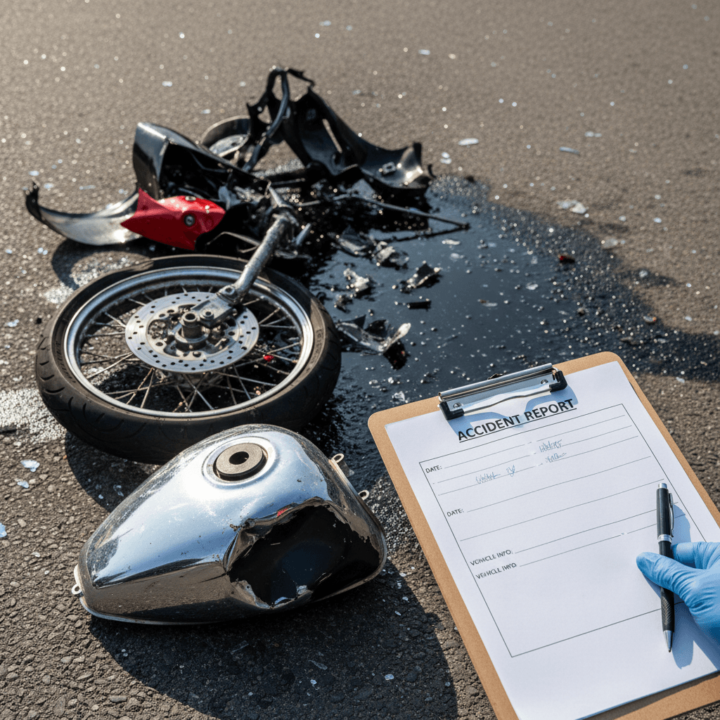 Close-up of motorcycle damage on the road while a professional documents it with a clipboard