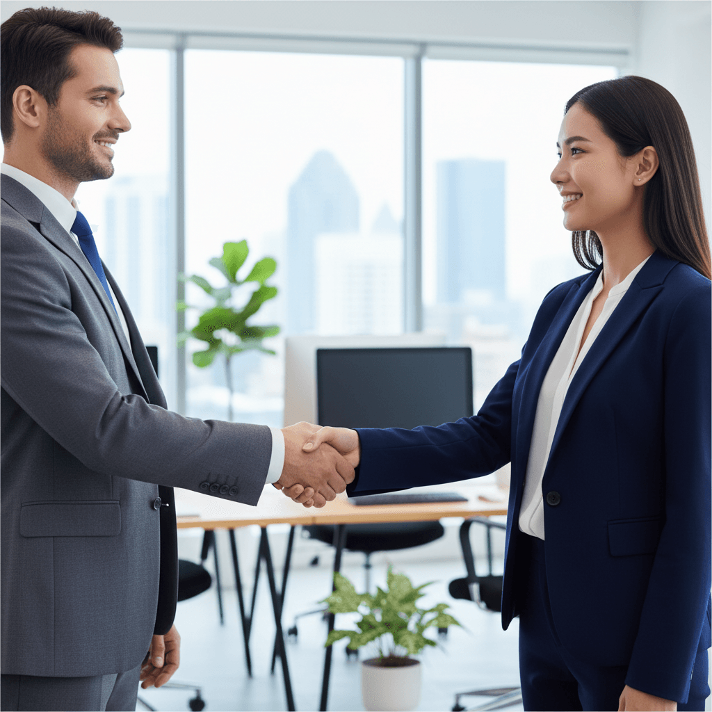 Handshake between client and professional in bright office setting