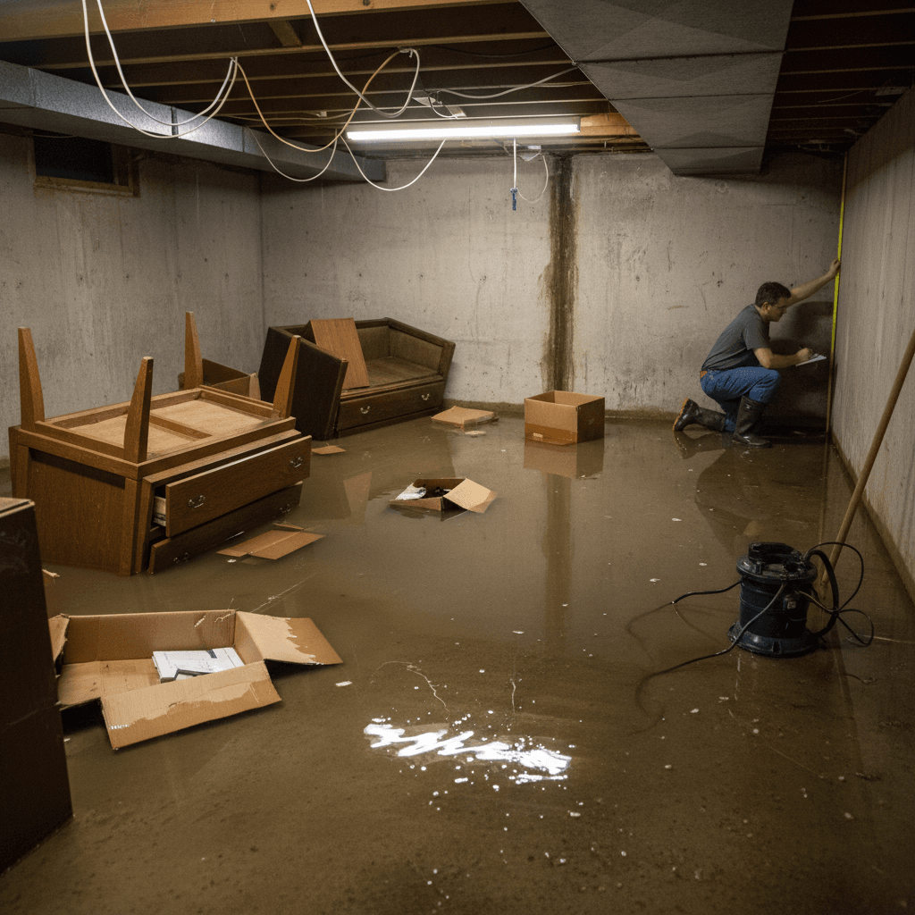 Adjuster inspecting flood and water damage in a basement