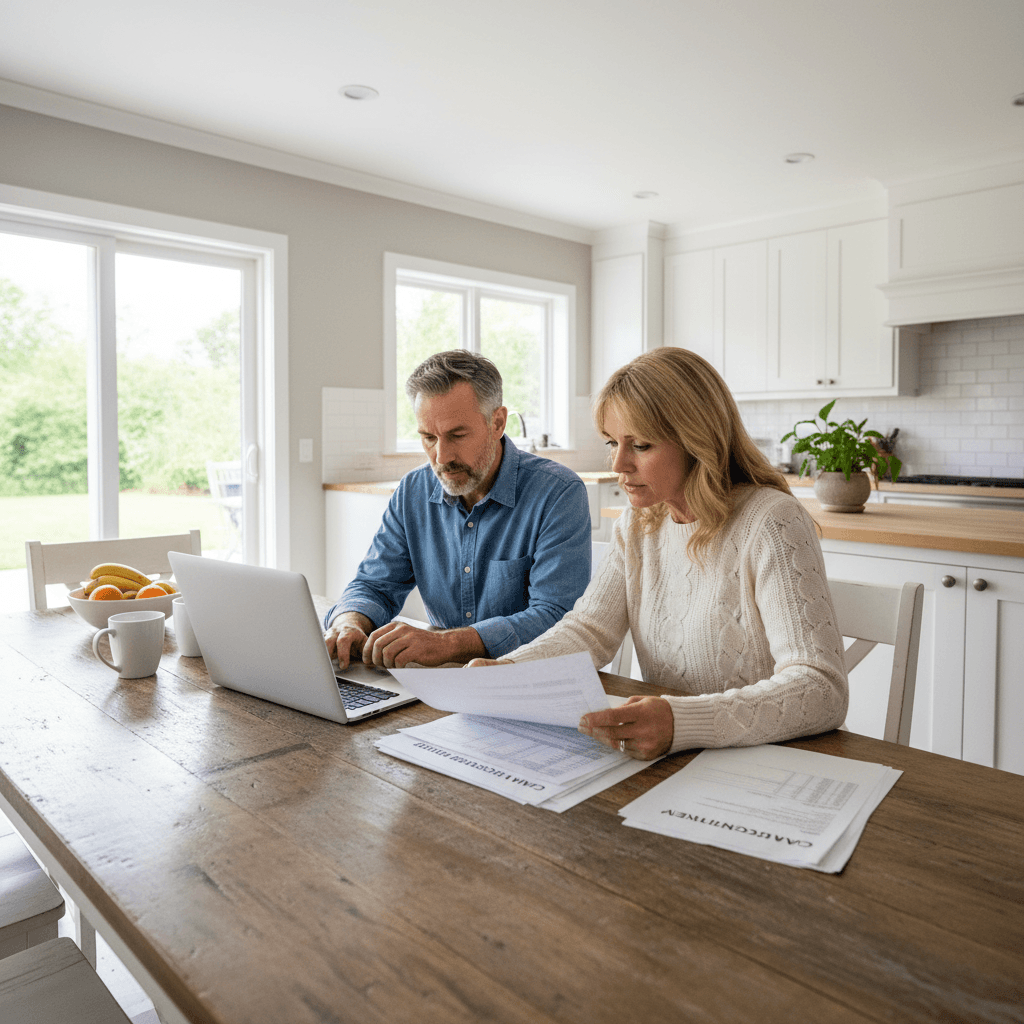 Two people reviewing claim paperwork together at a kitchen table