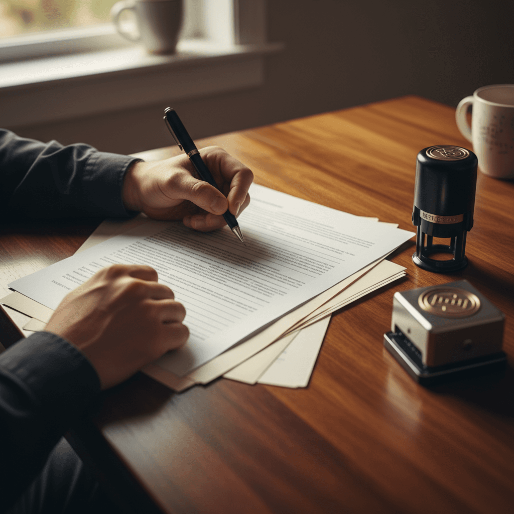 Signing and notarizing accident paperwork at a kitchen table