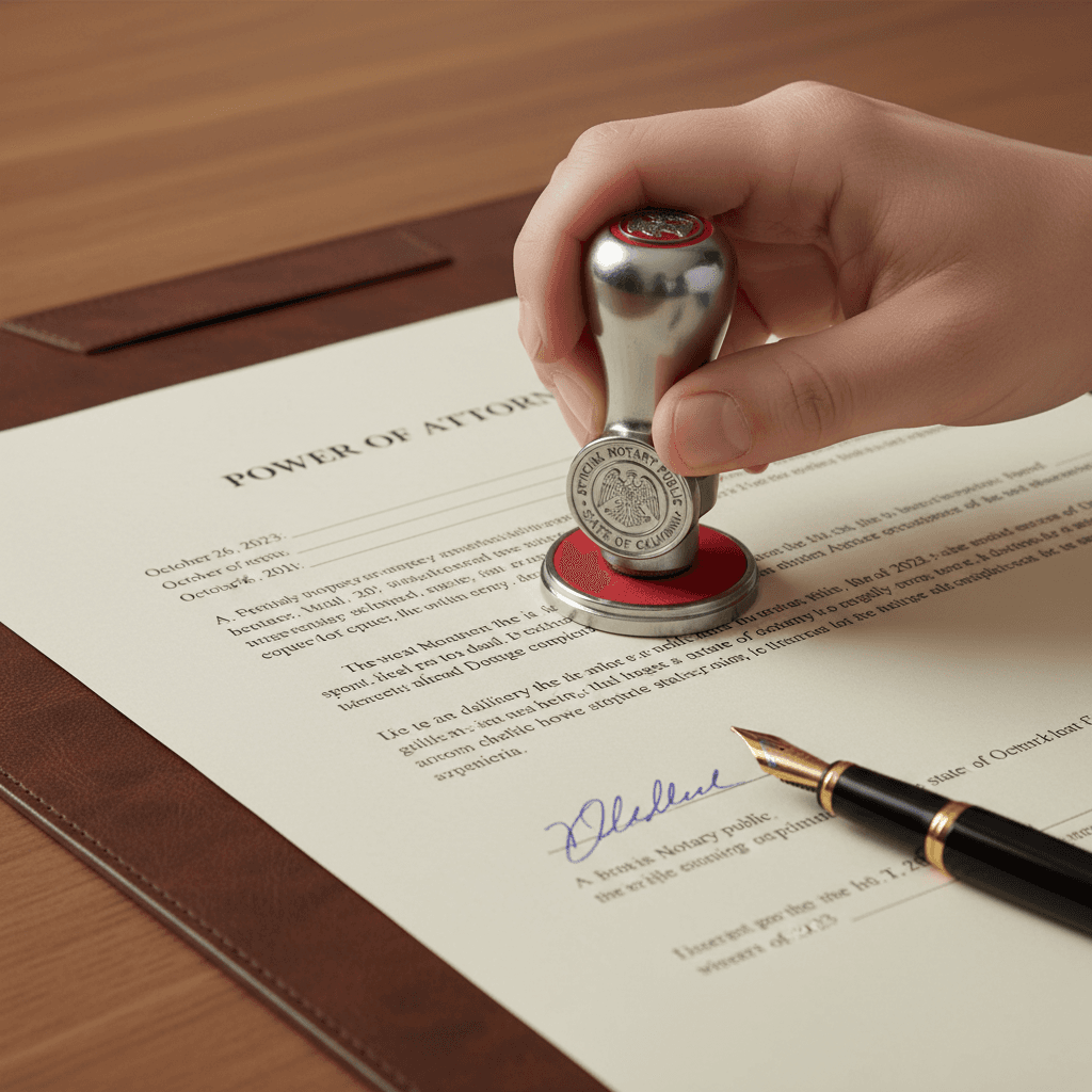 Notary stamping a signed document close-up