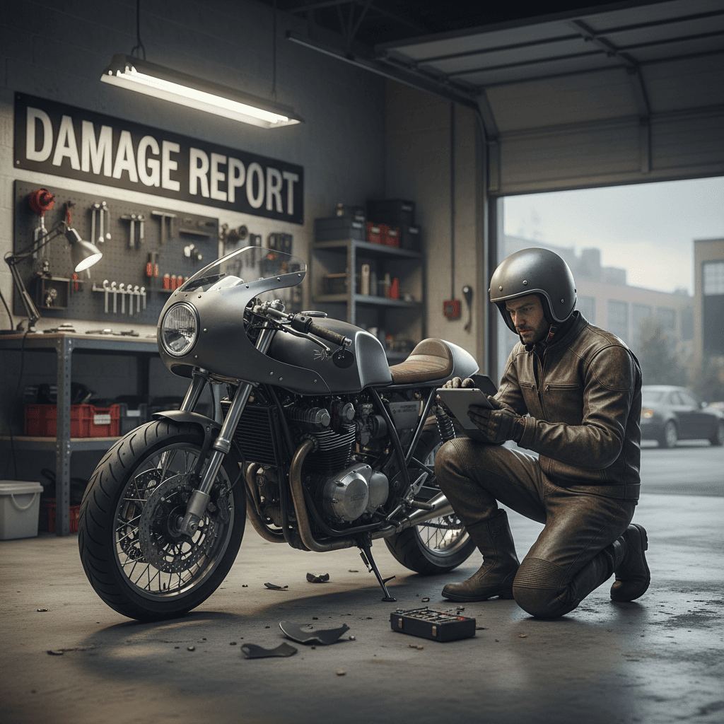 Motorcycle parked in a garage with the rider inspecting damage and taking notes