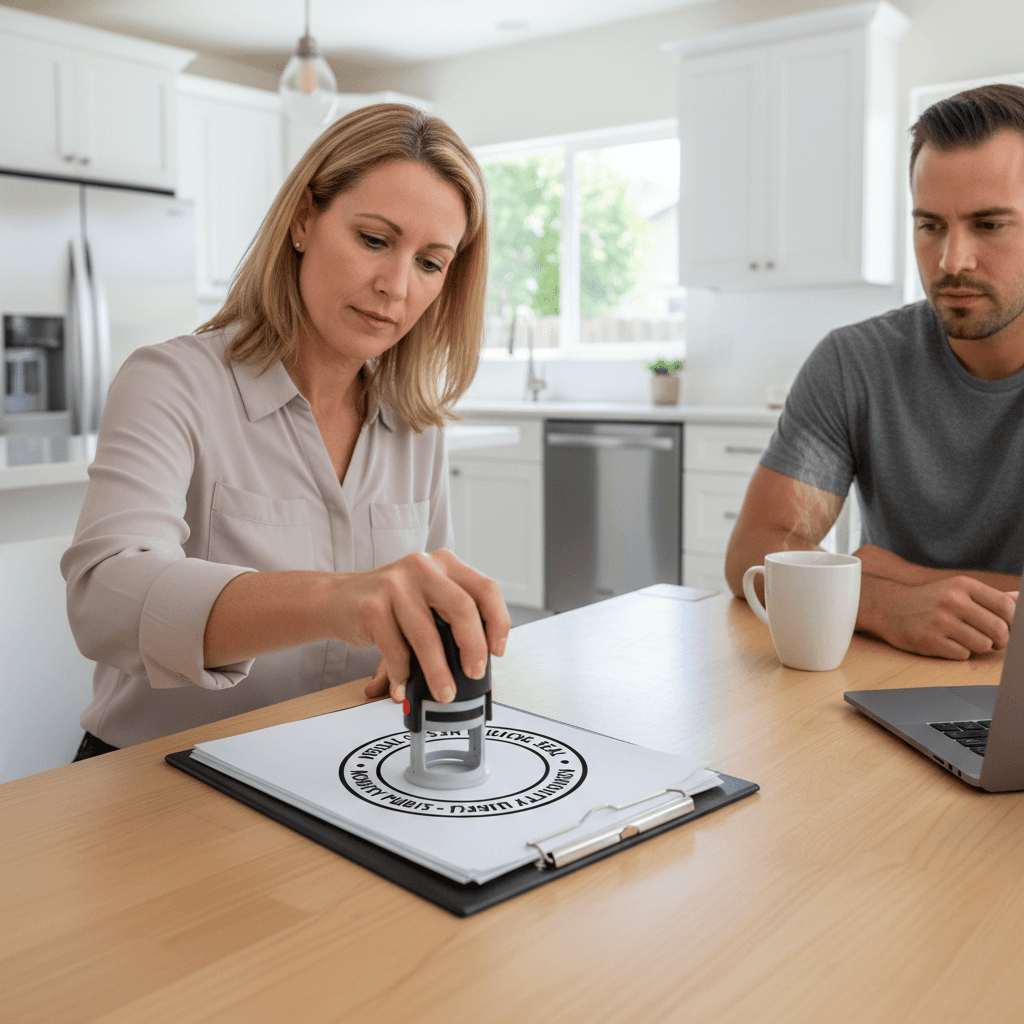 Mobile notary stamping legal document at kitchen table