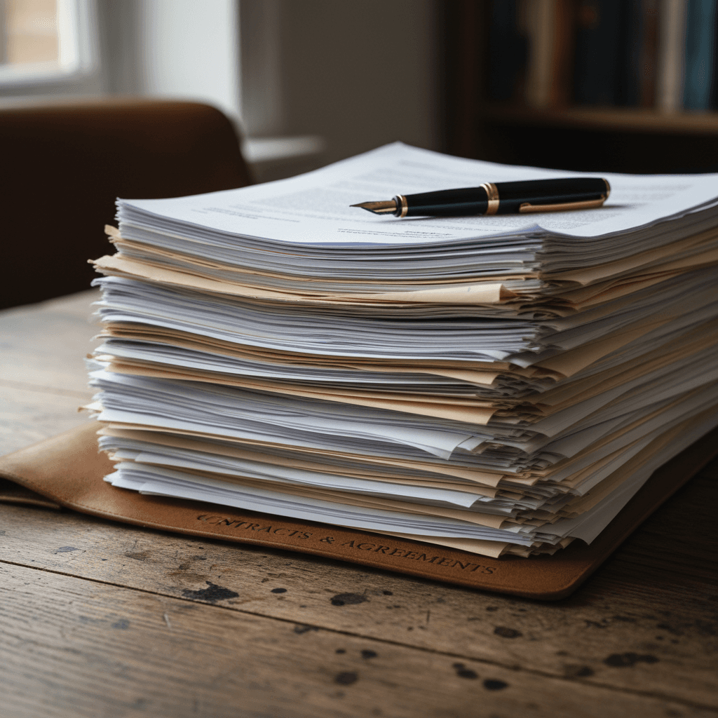 Stack of legal documents with a signature pen on a wooden table