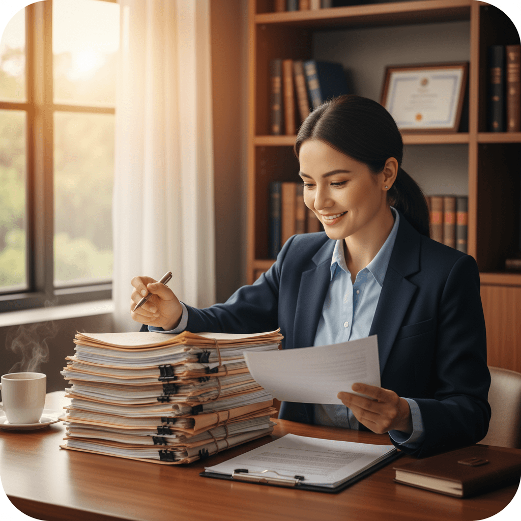 Lawyer reviewing documents at a desk with a calm demeanor