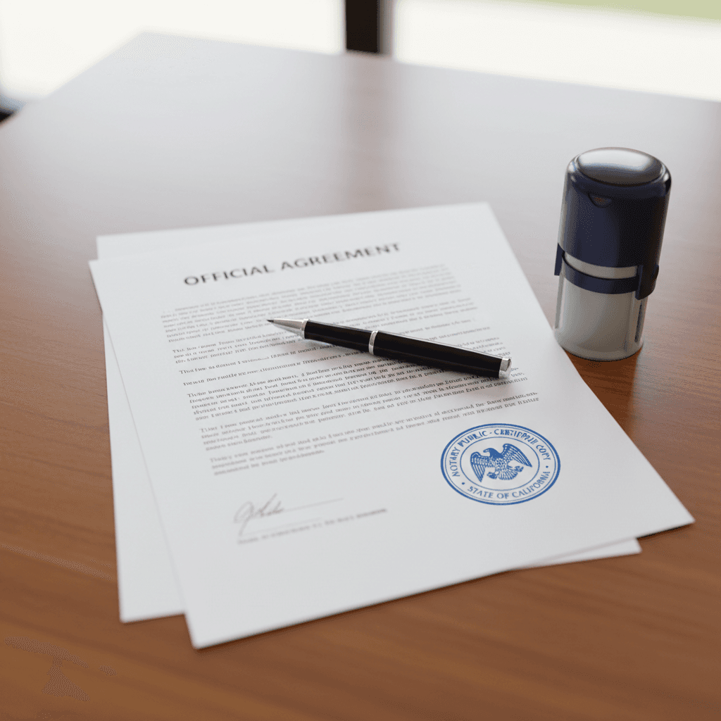 A hand placing documents on a table beside a notary stamp, signaling a straightforward and free intake process