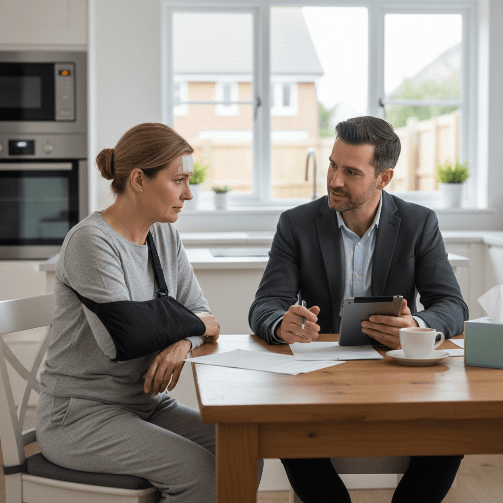 Professional talking with car accident victim at home kitchen table