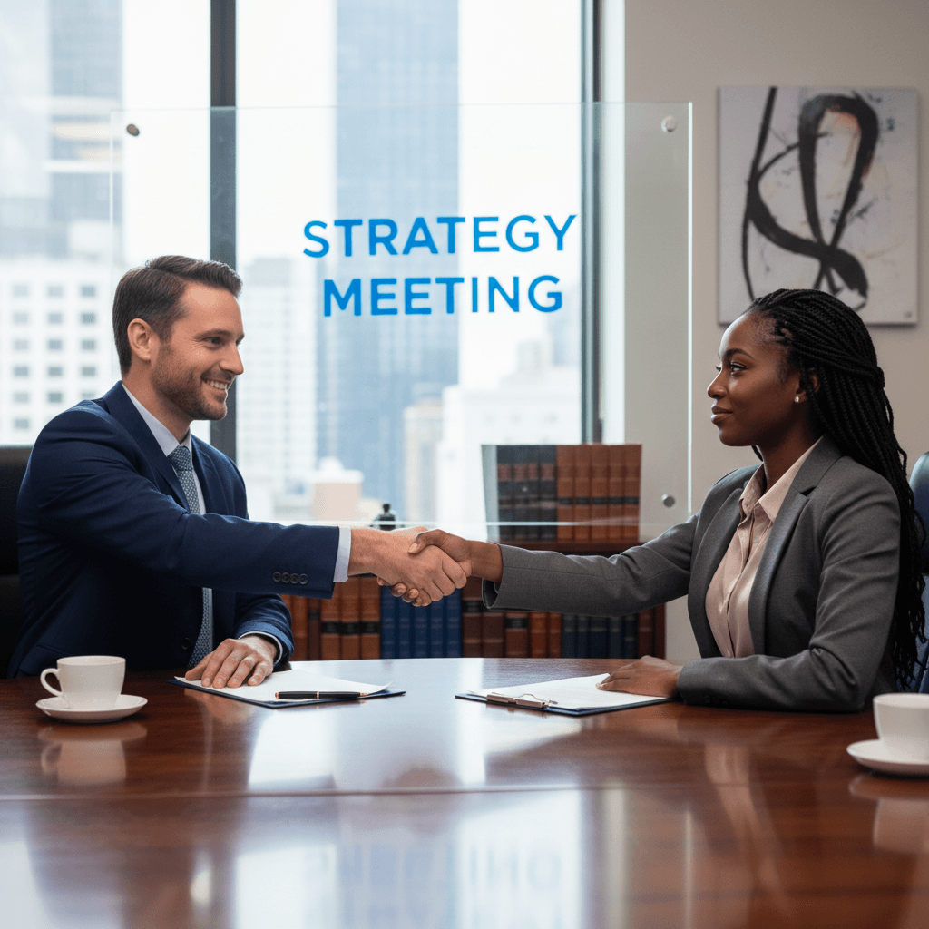Handshake between client and attorney in professional setting