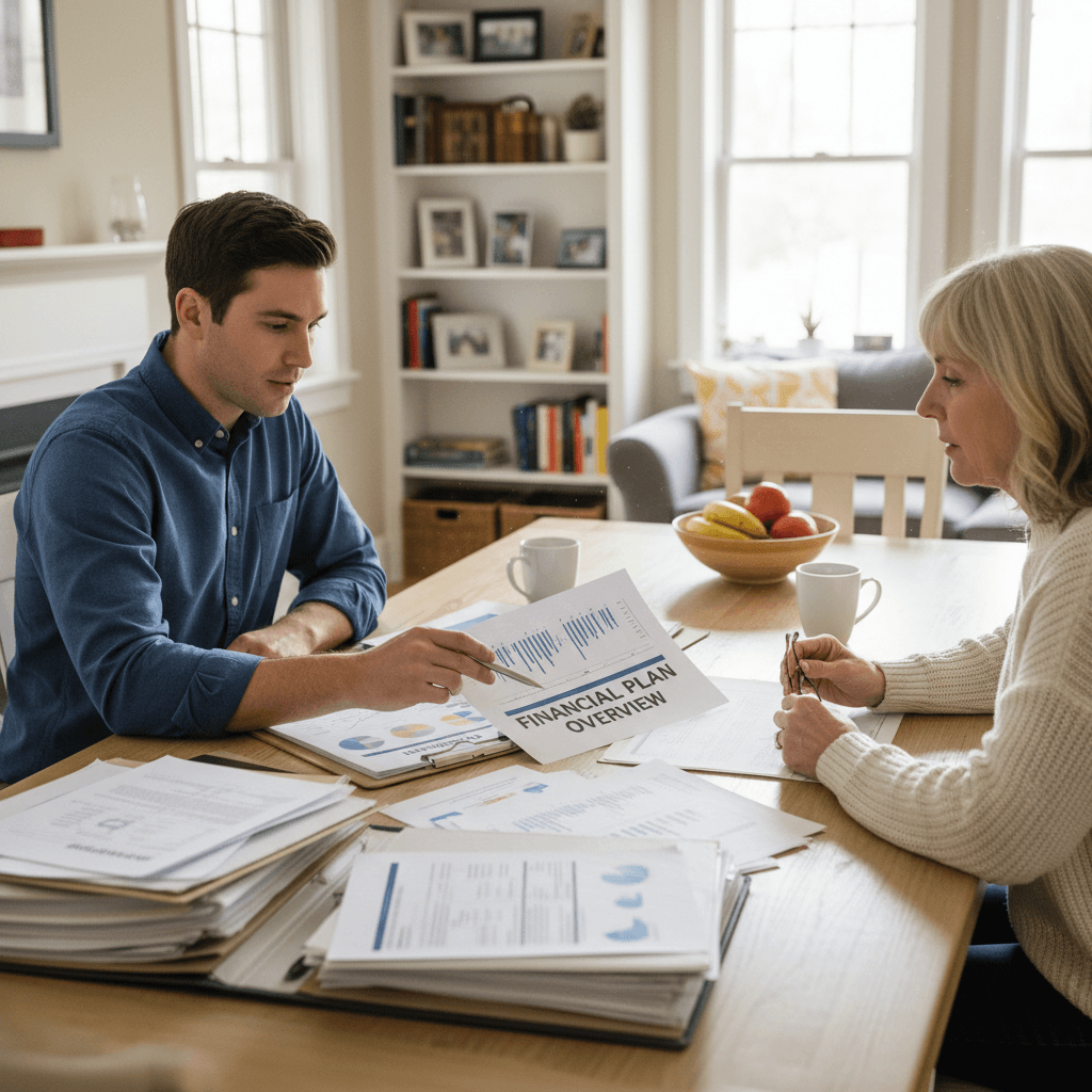 Professional meeting with a motorcycle accident victim at a home table, reviewing paperwork