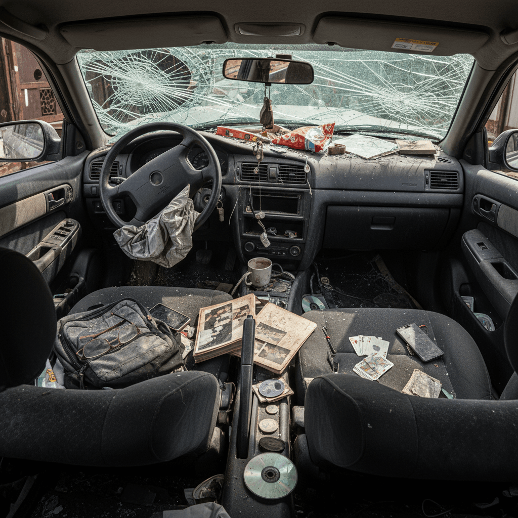 Items scattered inside a car after an accident