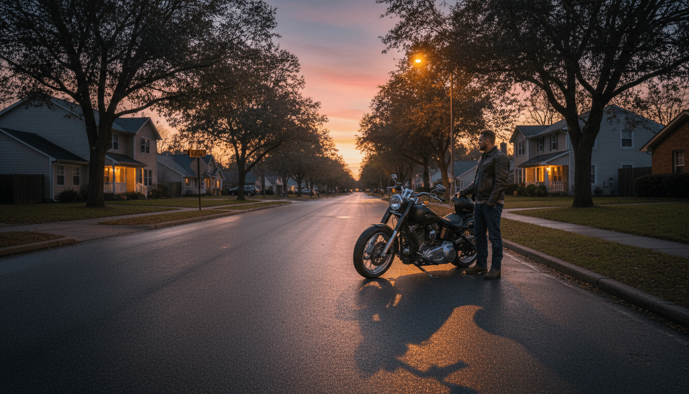 Motorcycle parked on a quiet Salt Lake City street at dusk with a rider standing nearby