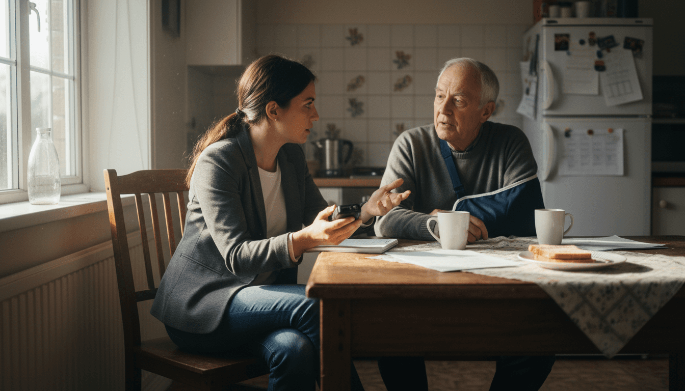Field agent interviewing a car accident client at their kitchen table in Utah during an in-person case assessment session
