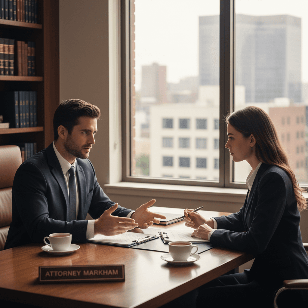 Lawyer in a professional meeting with a client at an office desk