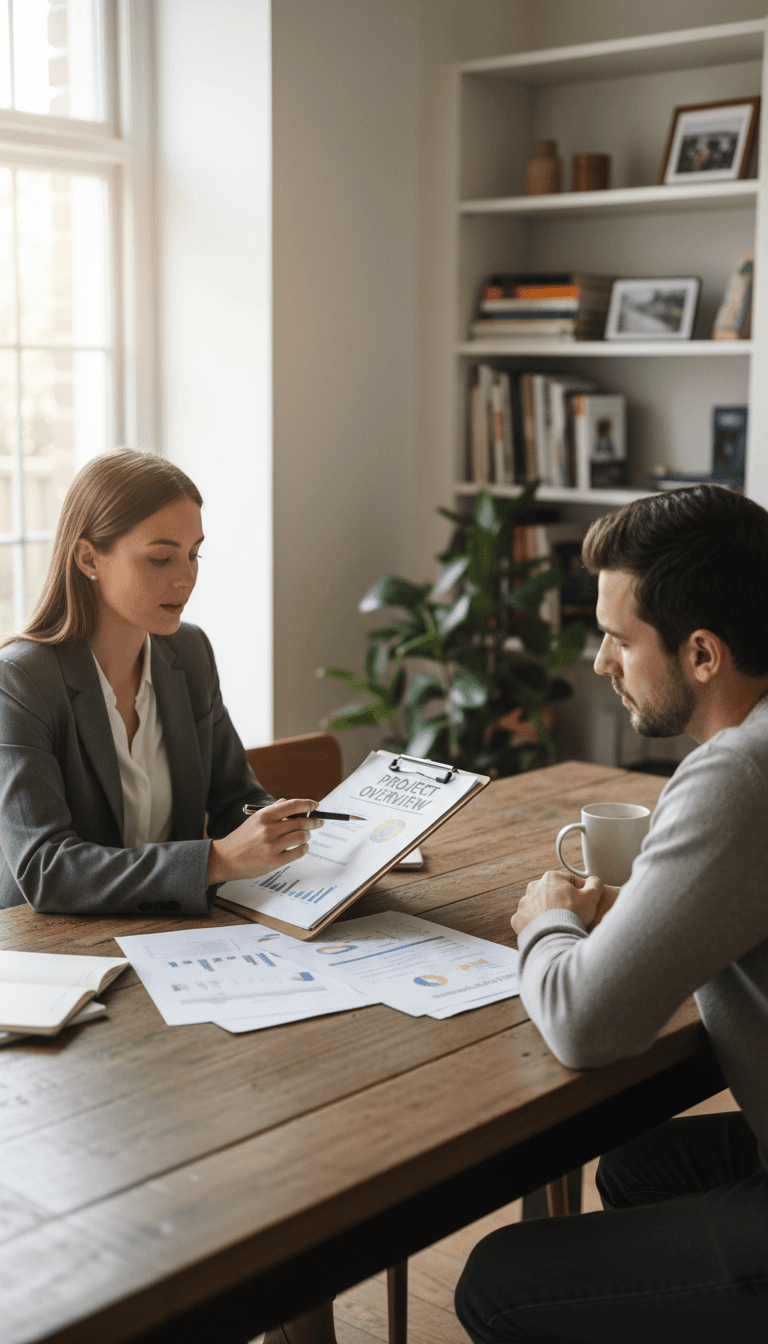 Representative reviewing accident paperwork with a client at a home table