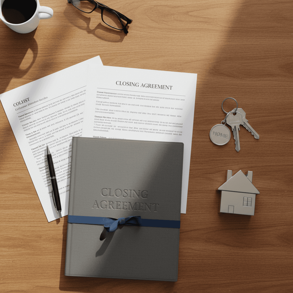 Real estate contract and house keys placed on a table