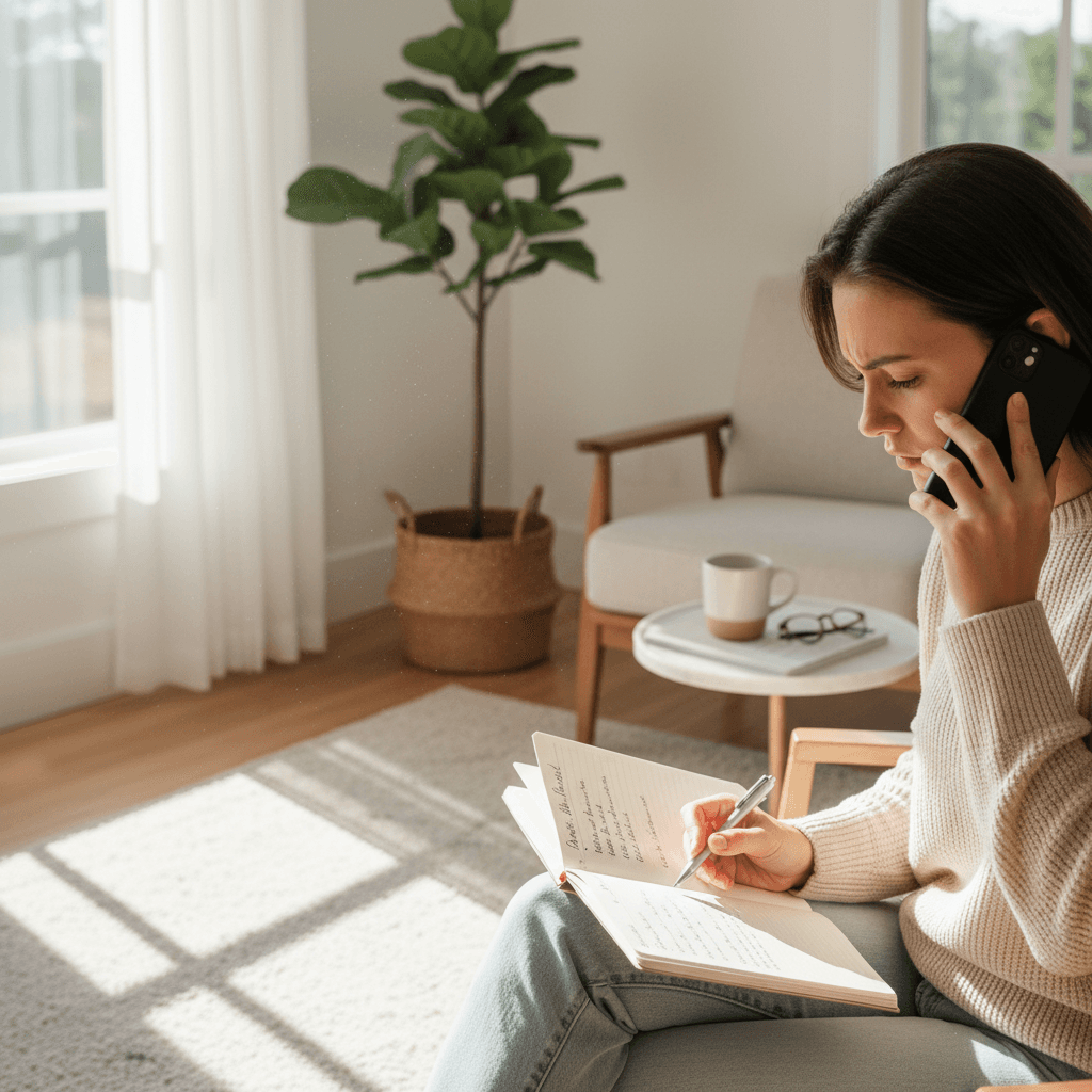 Person on a phone call, looking at paperwork at a bright home table