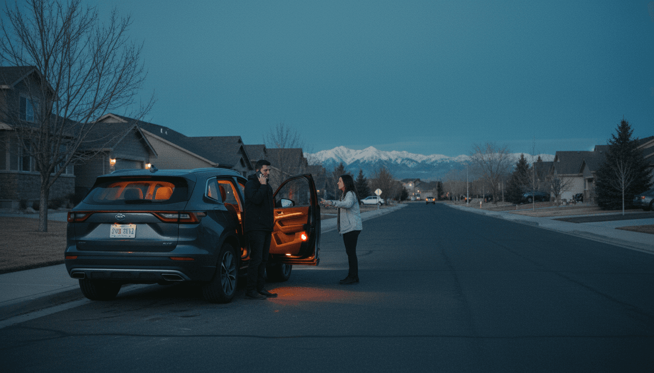 Damaged SUV parked on a Utah street at dusk with people standing nearby