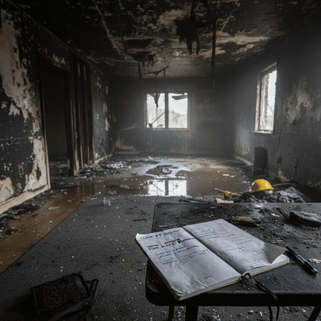 Public adjuster assessing fire and smoke damage inside a home