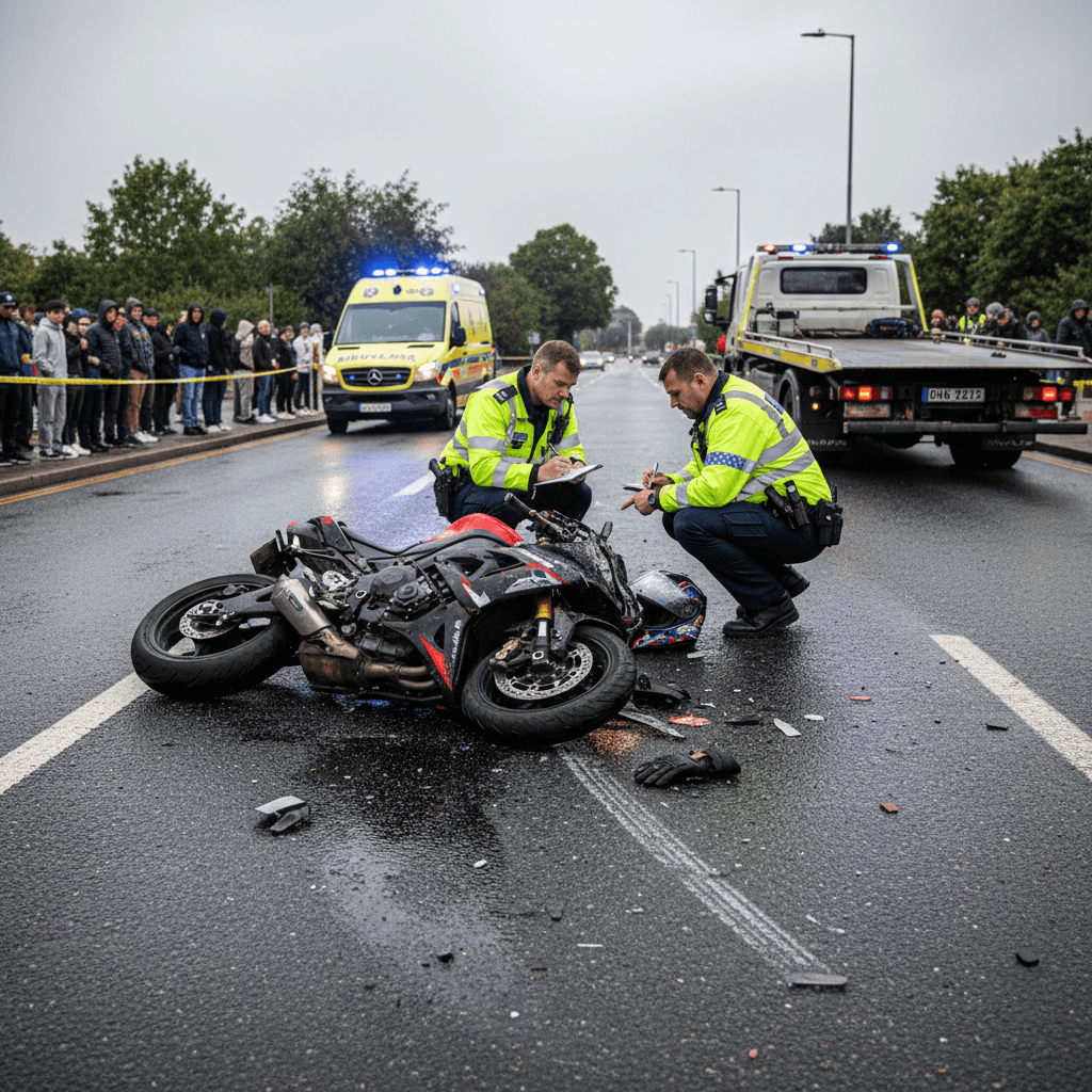 Motorcycle crash scene with damage being documented