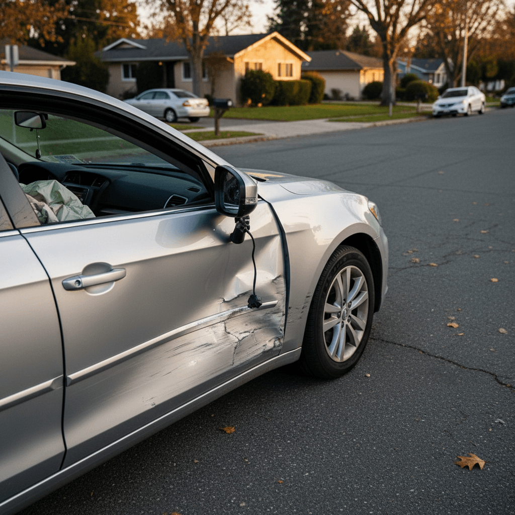 Close-up of a dented car door after a collision