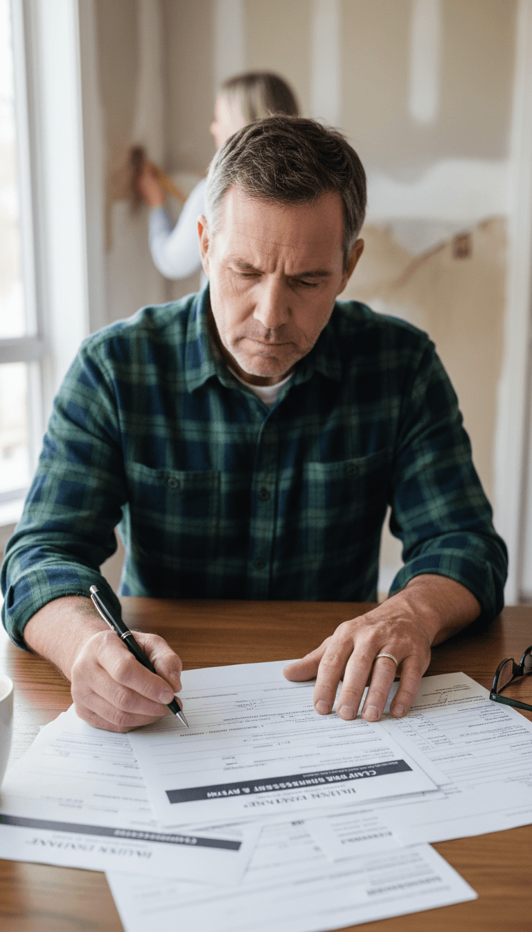 Homeowner reviewing insurance claim paperwork with an assessor