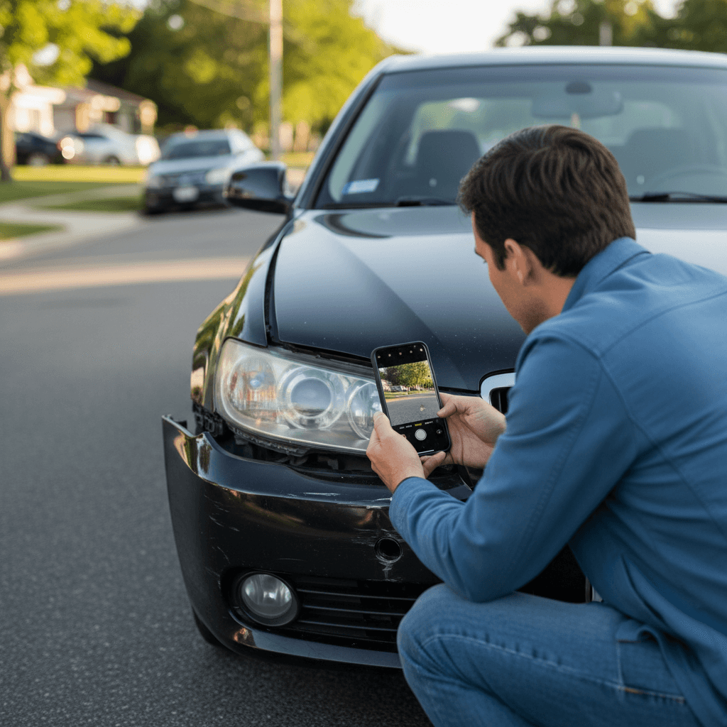 Person photographing car damage with smartphone