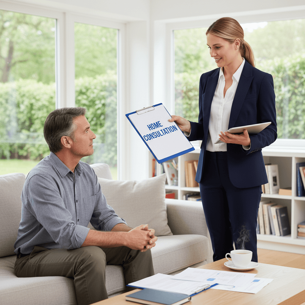 Professional representative meeting client at home with clipboard and documents