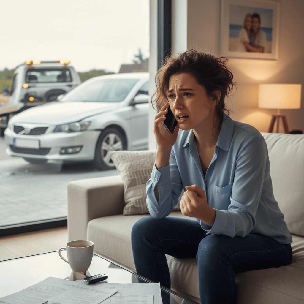 Woman sitting on couch holding phone to her ear looking relieved