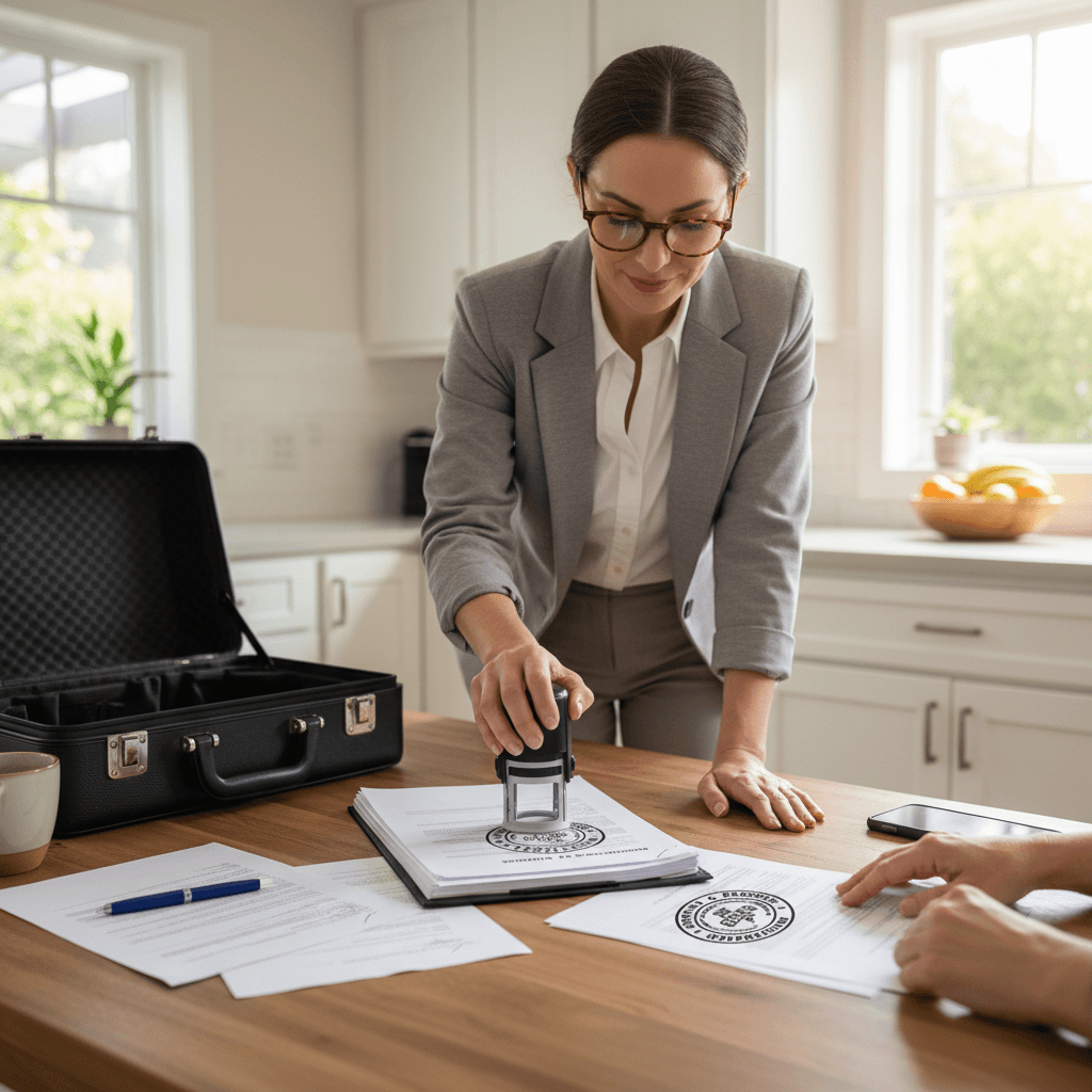 Hands stamping legal documents on a kitchen table with a notary seal