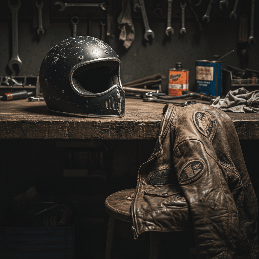 Motorcycle helmet on a garage workbench with tools nearby