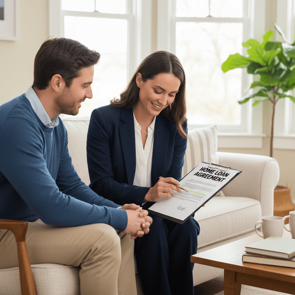 Professional holding a clipboard while interviewing a client at home