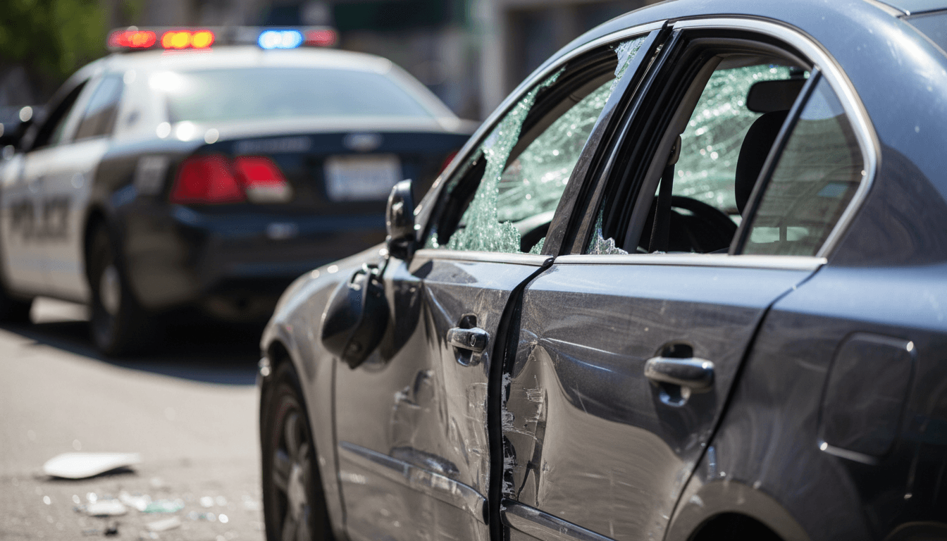 Close up of car accident damage on side of vehicle in daylight with police lights in background