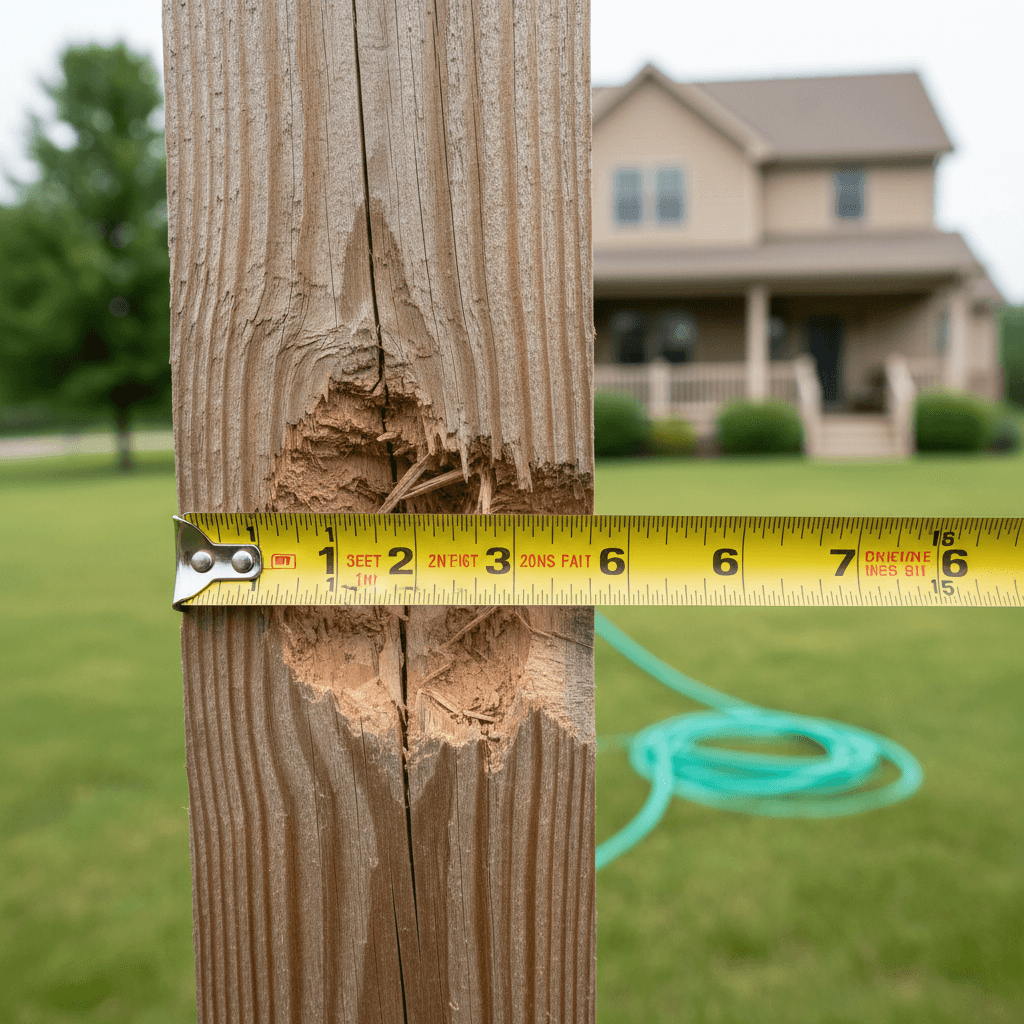 Close-up of a damaged wooden fence post with a measuring tape