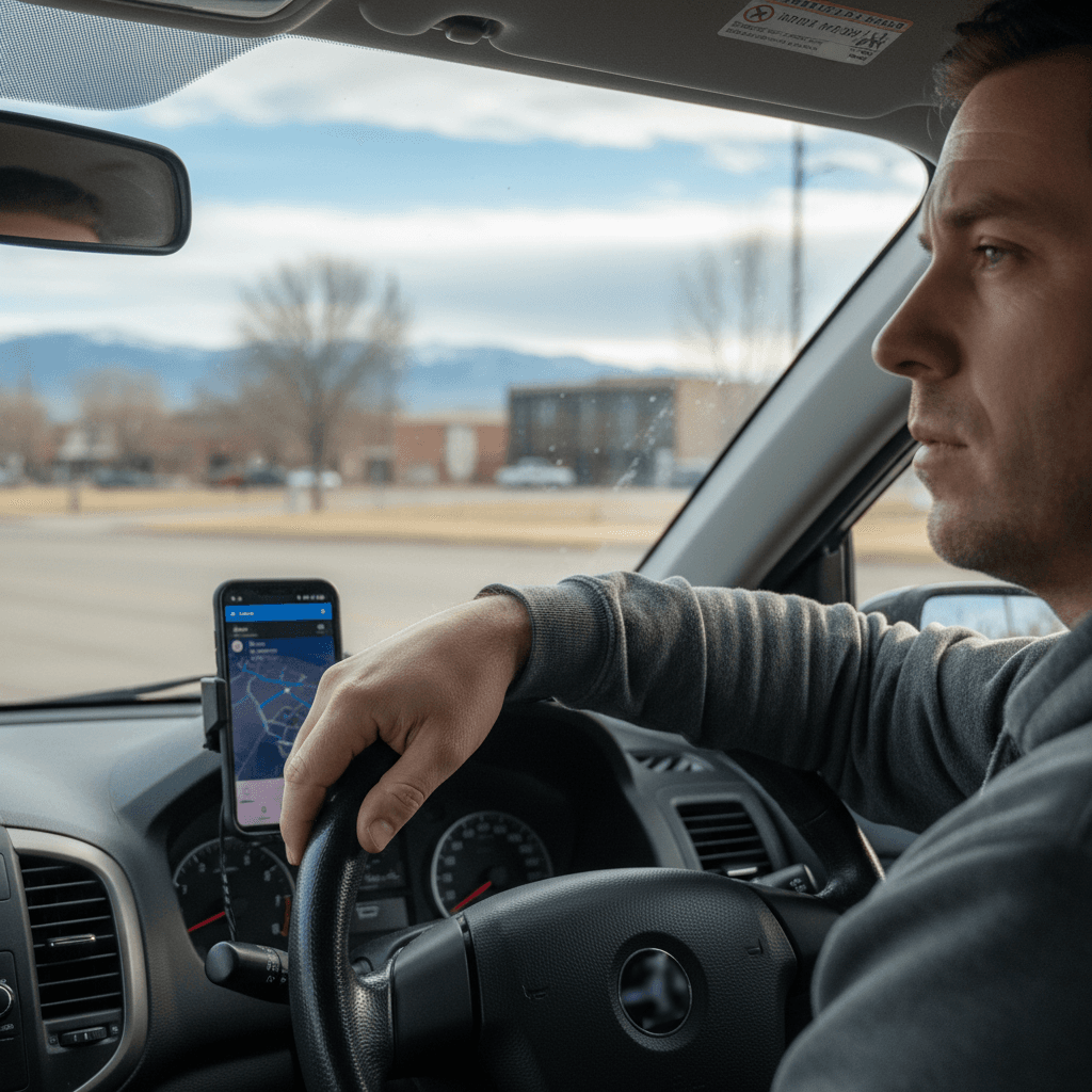 Smartphone with rideshare app interface mounted on a car dashboard