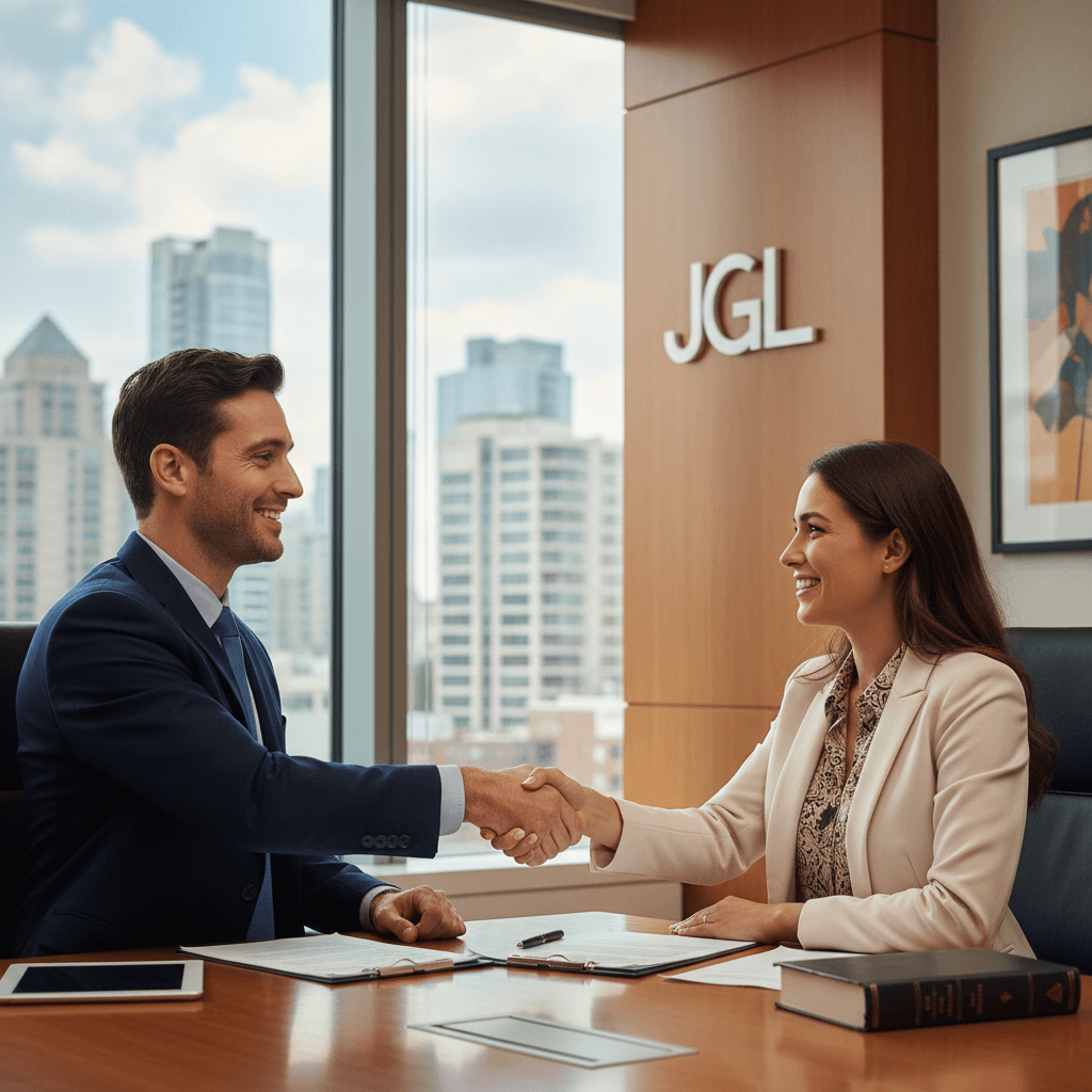 Attorney shaking hands with a client in a modern office