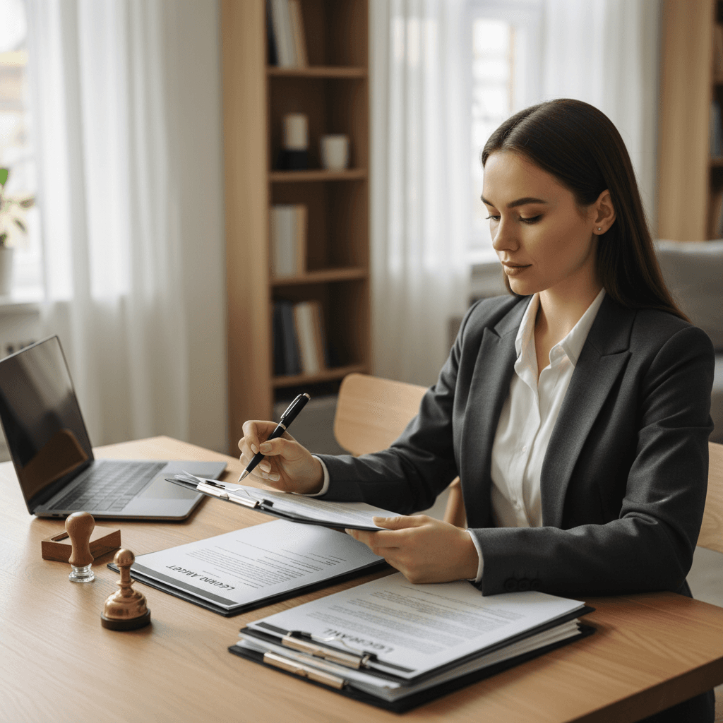 Person signing legal document with pen on clipboard at a home table