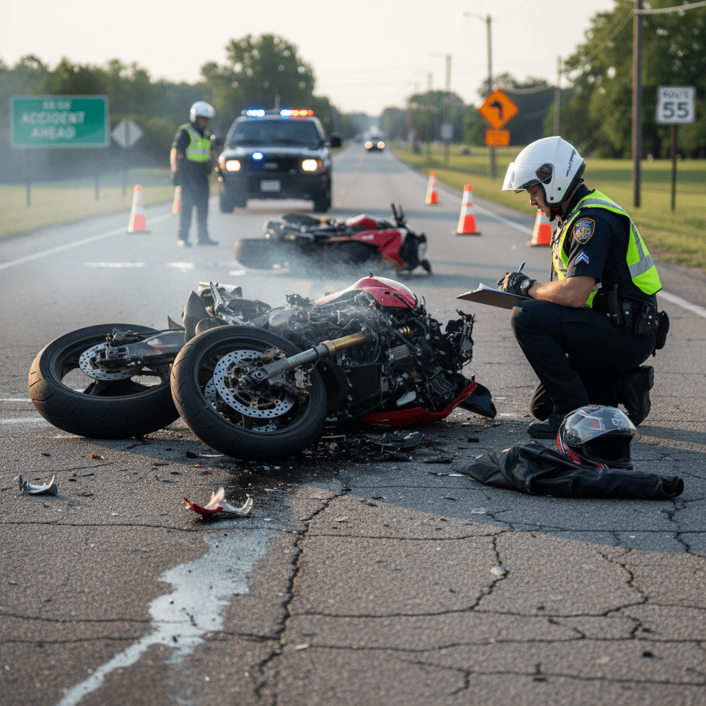 Motorcycle accident damage on a road with a police officer investigating