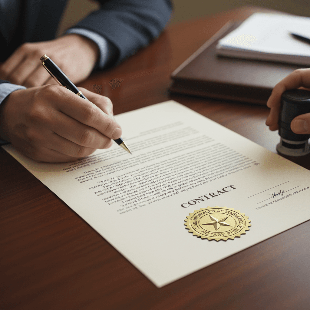 Hand signing an official document with a notary seal on a table