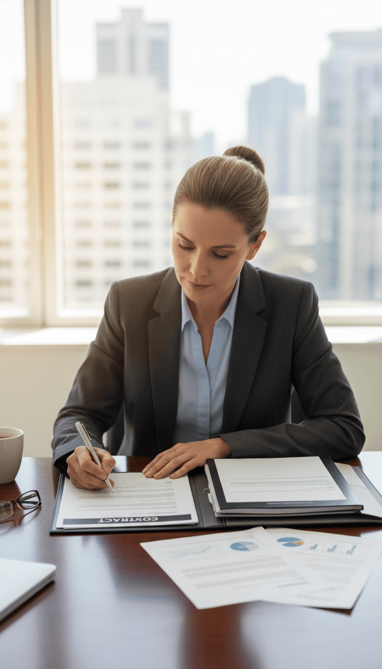 Person reading and signing paperwork with a pen